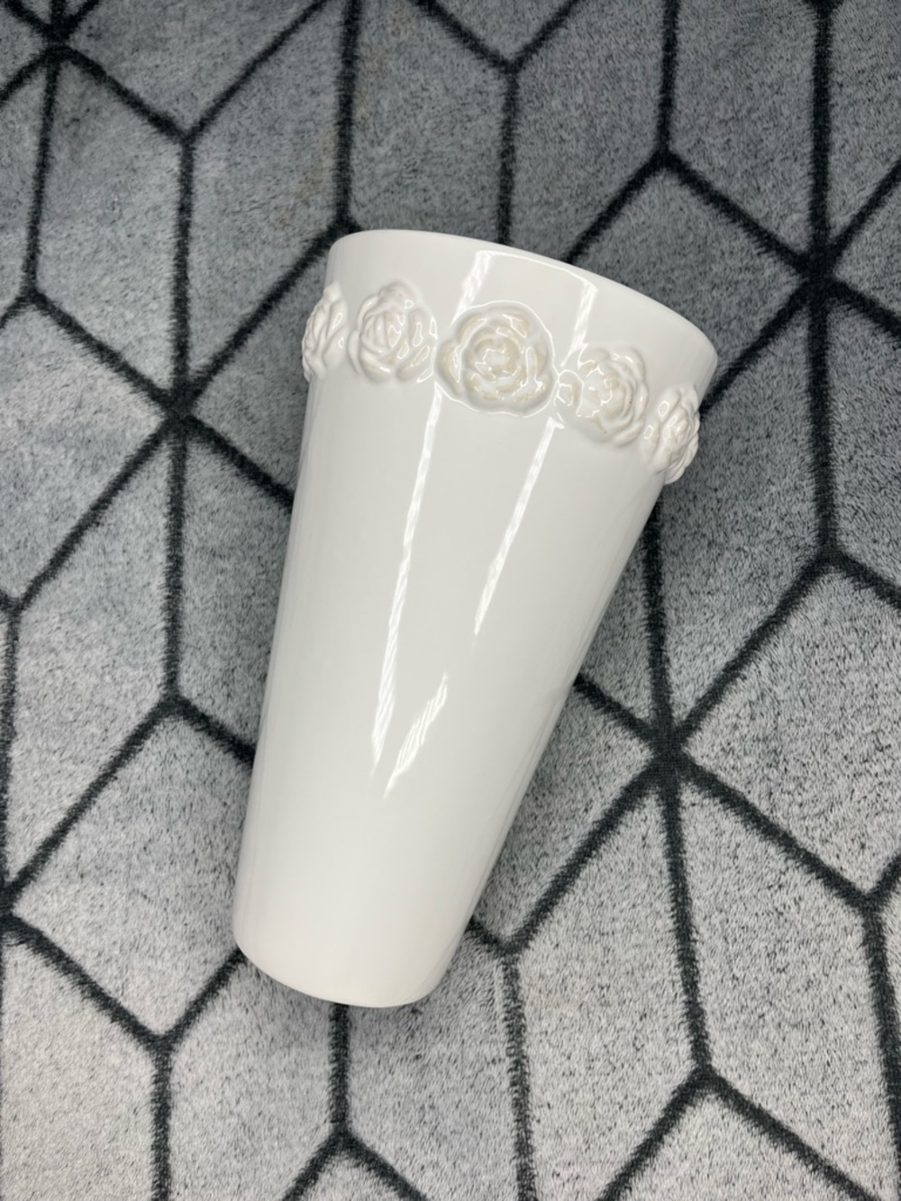 Vintage White Ceramic Rose Relief Vase Embossed Floral Portugal Shabby Chic